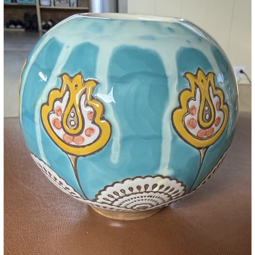 Antrtropologie Bohemian Round Ceramic Hand Painted Drip Glazed Ceramic 6"Vase